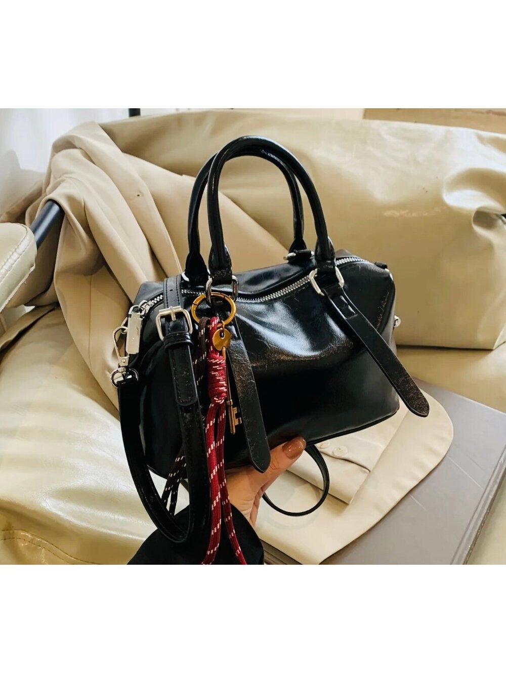 New - Trendy - Retro Style Faux Leather Crossbody /Shoulder Bag - Black